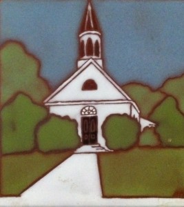 This is a painted tile depicting the exterior of the first church building built by Hope Presbyterian (was then First Presbyterian) 